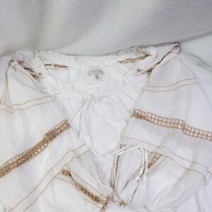 Cupio Women's White Boho Elastic Scoop Neck Brown Crochet Trim 3/4 Sleeve Top Lg